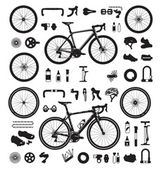 Obraz premium Bicycle Parts and Cycling Equipment Collage With Road Bike Silhouettes and Repair Tools
