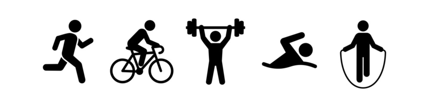 Set of minimalist sports and fitness icons featuring running, cycling, weightlifting, swimming, and jump rope. Black stick figure pictograms representing a healthy lifestyle and exercise.