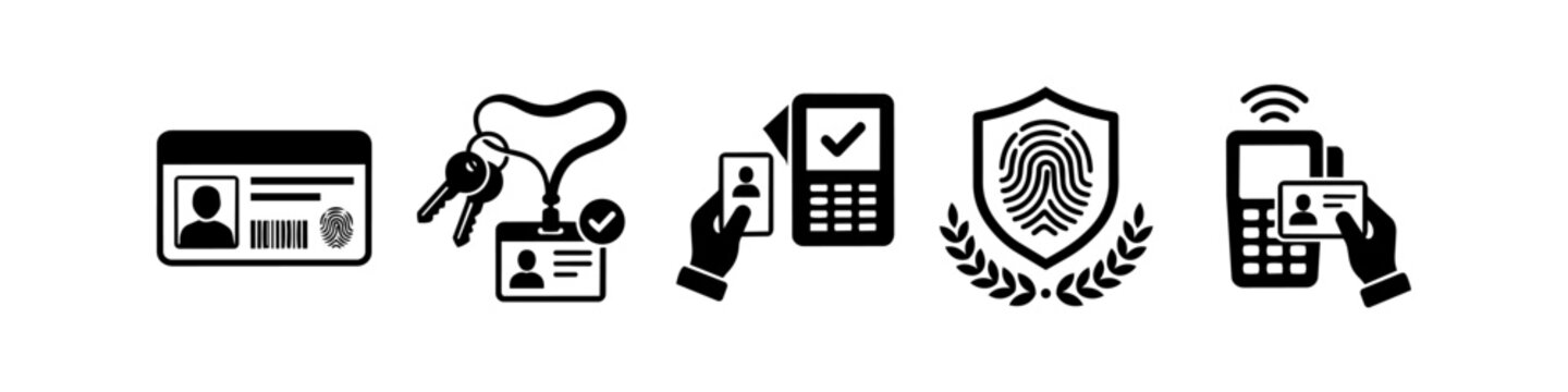 Set of security and identification icons featuring ID cards, biometric fingerprint scanners, access control badges, and digital verification terminals for corporate and safety use.