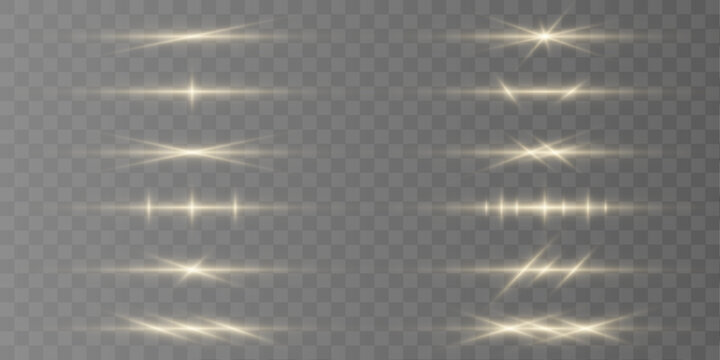 Golden horizontal glow creates a soft sparkling background. Flare beams radiate energy outward. Vector illustration suits entertainment or sci-fi projects.