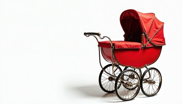 Red vintage baby carriage with white background. Classic pram for infant transport and retro nursery decor. Symbol of childhood nostalgia and new parenthood.