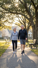 Obraz premium Older couple walking for health in a neighborhood park