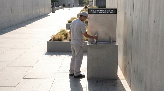 Urban Drinking Fountain Refill Scene In Extreme Summer Heat