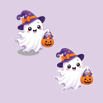 Cute Halloween Ghost Sticker Vector Set