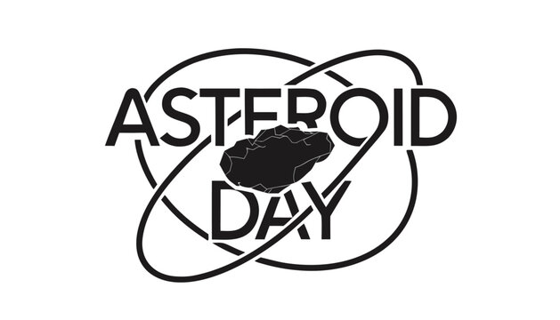 Minimalist asteroid day logo design with orbiting rings in black