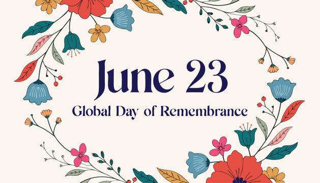 Decorative floral wreath frame surrounding a June twenty third commemorative text