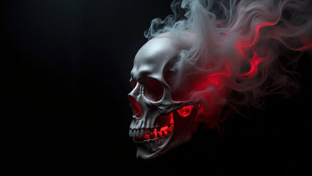 Mystical skull with red glowing light and swirling smoke in dark fantasy style on black background with copy space