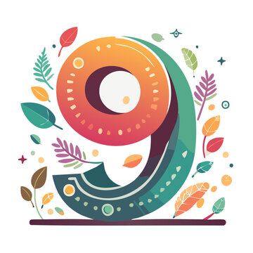 Stylized Number 9 with Autumn Leaves and Floral Elements