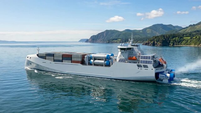 Futuristic hydrogen cargo ship with electric propulsion sailing coastal fjord