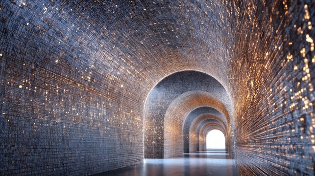 Digital data flowing through an abstract tunnel of binary code arches, representing artificial intelligence, cybersecurity, and advanced computing technology
