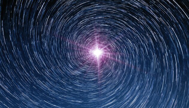 Swirling star trails converge on a brilliant, radiant celestial body