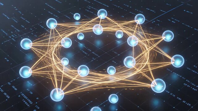 Futuristic network of glowing orbs representing artificial intelligence, big data processing, and global communication with golden light trails connecting nodes