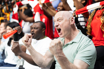 Fototapeta premium Football fan celebrating winning goal during live match in the stadium stands, crowd celebration for world champions. Multigenerational supporters cheering together with raised fists.
