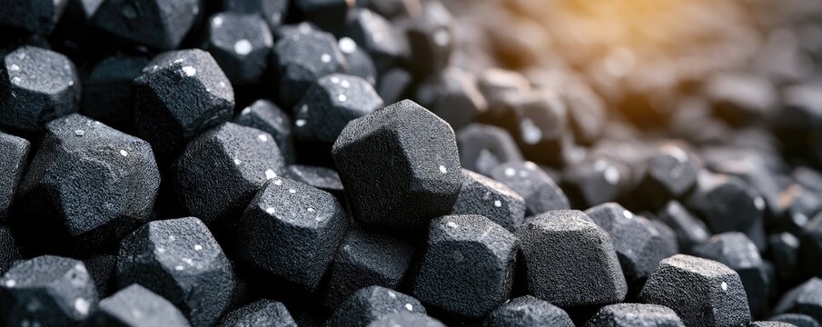 Close-up macro view of many small, dark, faceted geometric objects