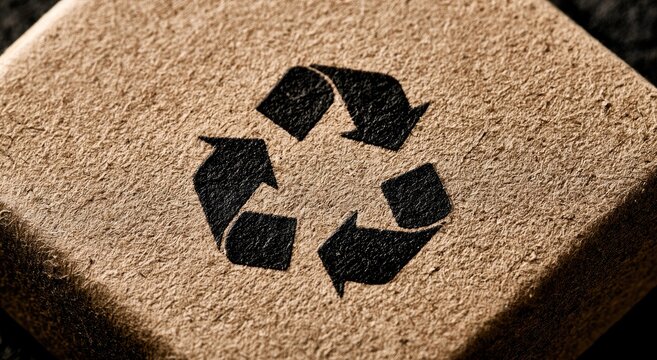 Close up of a black recycling symbol on textured cardboard