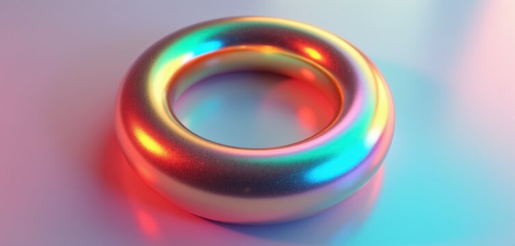 Abstract metallic torus shape with iridescent reflective surface. Colorful light spectrum refracts across smooth polished metal. Minimalist background with pastel gradient backdrop.