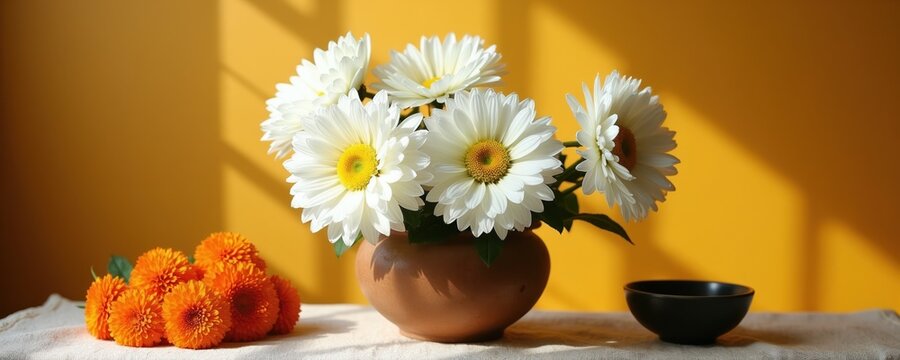 White chrysanthemums in clay pot. Orange pompon flowers sit near dark bowl. Warm sunlight casts shadows on yellow wall. Natural still life composition.