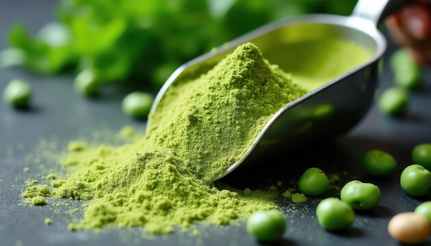 Green pea protein powder fills scoop. Plant based supplement spills on dark surface, surrounded by whole peas. Healthy vegan nutrition for athletes.