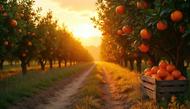 Orange trees heavy with fruit line a dirt road at sunrise. A wooden crate overflows with ripe oranges near the path. Golden light bathes the orchard during harvest. Healthy food concept.