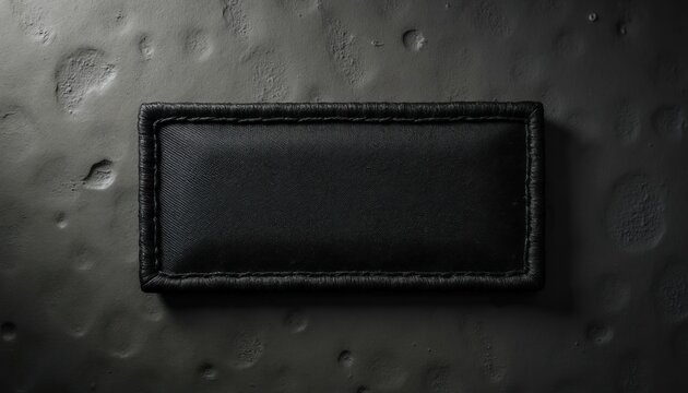 Black rectangular patch made of textile, leather. Patch has stitched borders, is placed on textured grey surface. Suitable for adding logos or emblems. Use for branding or fashion design elements.