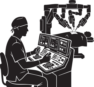 Surgeon Operating Robotic Surgery Console with Monitor and Patient Silhouette