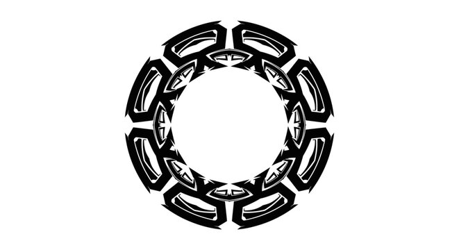 Abstract black and white circular design with intricate symmetrical patterns and a glossy, metallic appearance, forming a decorative frame.