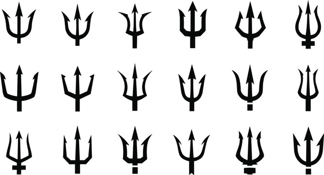 Set of black trident silhouettes neptune and poseidon pitchfork icons sea god weapons isolated on white background