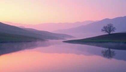 Fototapeta premium Misty morning lake mirrors purple sky at dawn. Bare tree on hill silhouetted against soft light. Rolling hills fade into distant haze. Calm water reflects landscape.