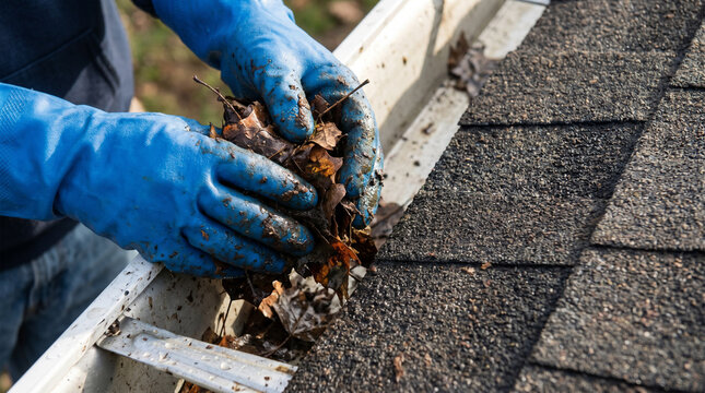 Close-up of hands in blue protective gloves cleaning a house roof gutter clogged with wet autumn leaves. Home maintenance and seasonal chore concept