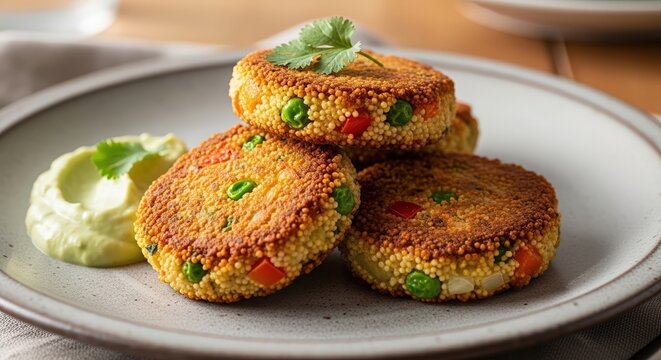 Millet veggie patties with sauce and greens on plate. Healthy meal or diet. Vegetarian food, cafe menu or home cooking