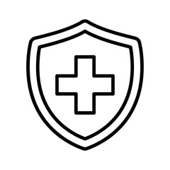 Obraz premium Medical shield icon with cross symbol in minimalist black outline style for healthcare protection or insurance concept