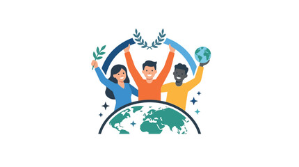 Fototapeta premium Diverse People Celebrate Global Unity and Peace with Earth Icon