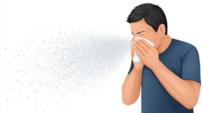 Man sneezing into tissue spreading germs and droplets. Sick guy with flu or cold symptoms. Medical illustration of viral infection transmission, contagion, and hygiene practice.