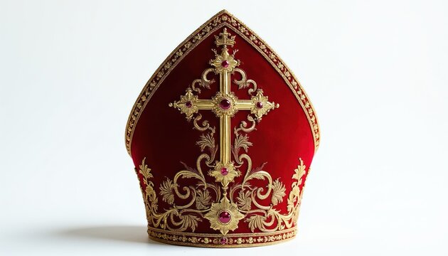 Ornate red bishop mitre hat with gold embroidery and jewels. Christian clergy headdress features cross and crown symbols. Religious ceremonial headwear for bishop.