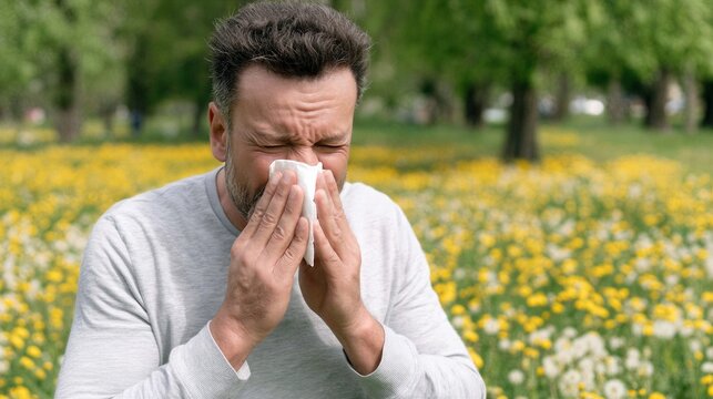 Man blowing nose into tissue in park during spring. Caucasian male suffering from seasonal allergy or hay fever due to pollen. Medical condition, health issue and runny nose concept.