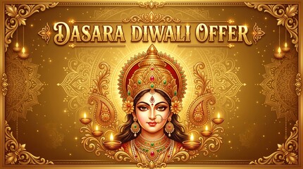 Obraz premium Goddess Statue with Diya Lamps Celebrating Festive Hindu Worship Ceremony in Golden Temple Setting