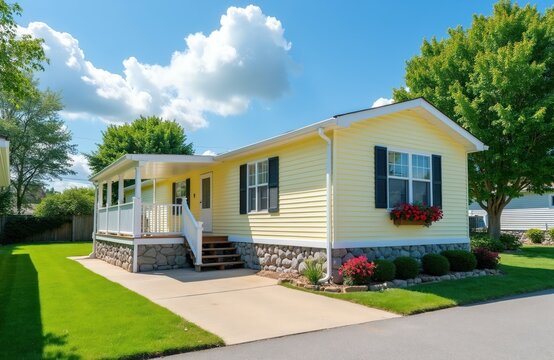 Yellow manufactured home with stone skirting and porch. Colorful flowers bloom under bright blue sky. Green grass surrounds the cozy house. This home offers peaceful living in a suburban setting.