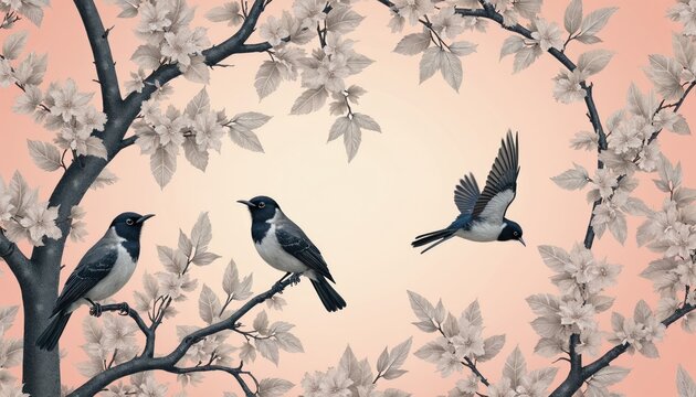 Three small birds rest on tree branches with delicate blossoms. One bird takes flight in soft floral patterns. Nature theme with elegant aesthetic on pastel background.