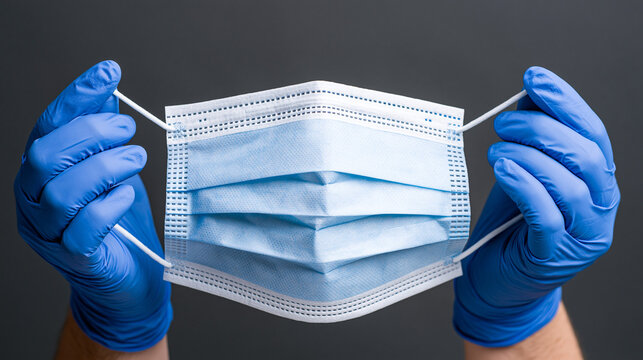 Hands hold a blue surgical mask against a gray background in a safe setting