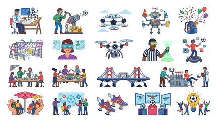 Naklejka premium Vibrant icons of people, animals, and objects in action, set in a lively environment