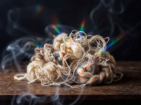 Natural raw wool and linen fiber tangled deconstruction