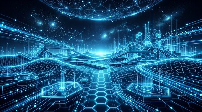 Futuristic digital landscape with glowing blue hexagons and data flow  