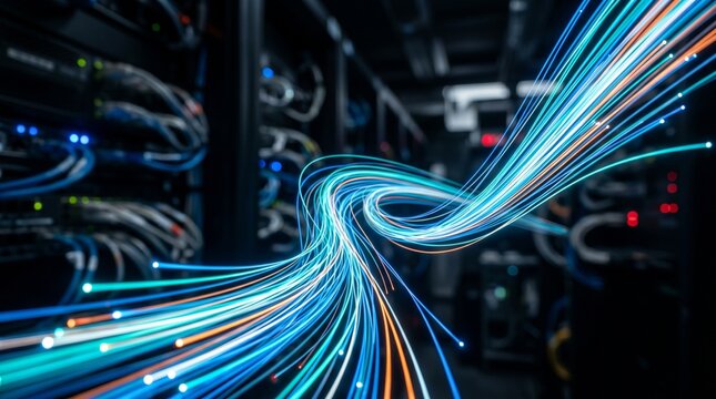 Abstract data flow with bright light trails in server room  