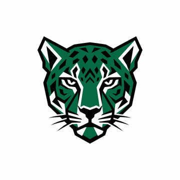 A minimalist, geometric logo illustration featuring a powerful and fierce green big cat head, perfect for sports teams, dynamic branding, or educational mascots, embodying strength and agility