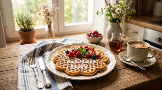 Waffles with berries and coffee on wooden table by the window  
