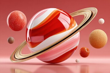 Obraz premium Glossy pink planet with rings and floating orbs on a gradient background - 3D abstract space concept