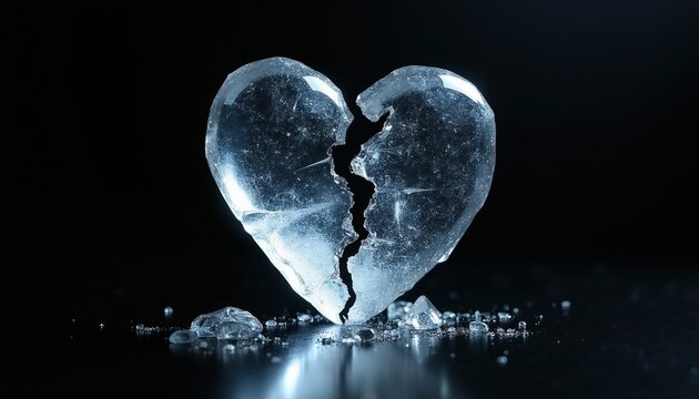 Ice heart broken into pieces. Shattered crystal shape lies on dark reflective surface with ice shards scattered around. Symbolizes lost love grief or cold emotions.