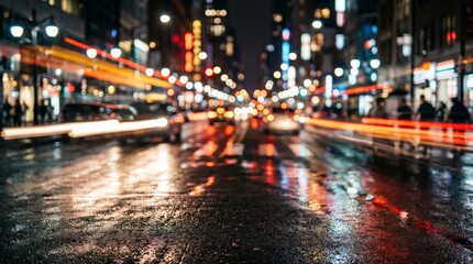 Obraz premium City traffic streams across a wet downtown street at night with glowing lights and blurred motion.