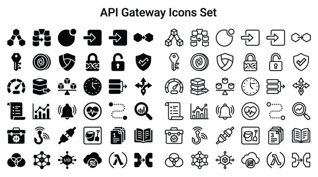 API Gateway Icons Set Features Various Symbols and Logos for Technology
