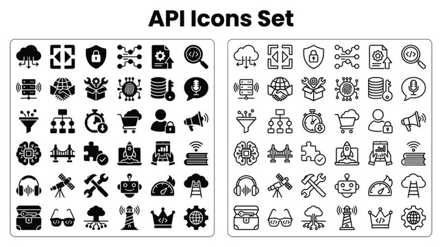 API Icons Set Features Diverse Symbols and Graphics for Various Applications